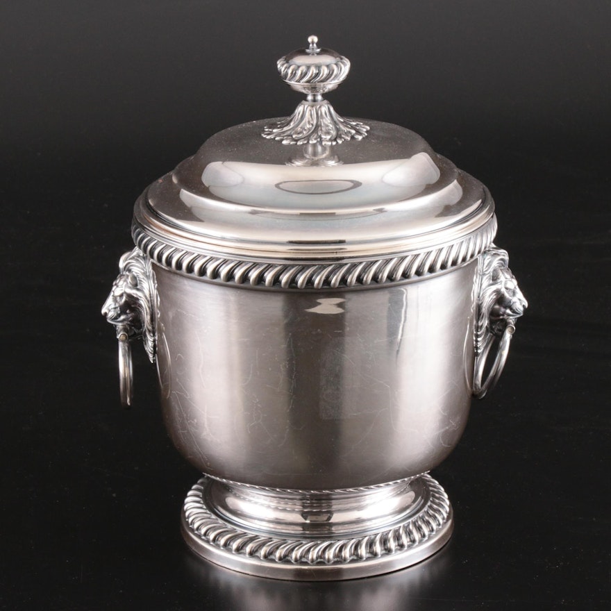 International Silver Plate Ice Bucket with Lion Handles and Glass Interior