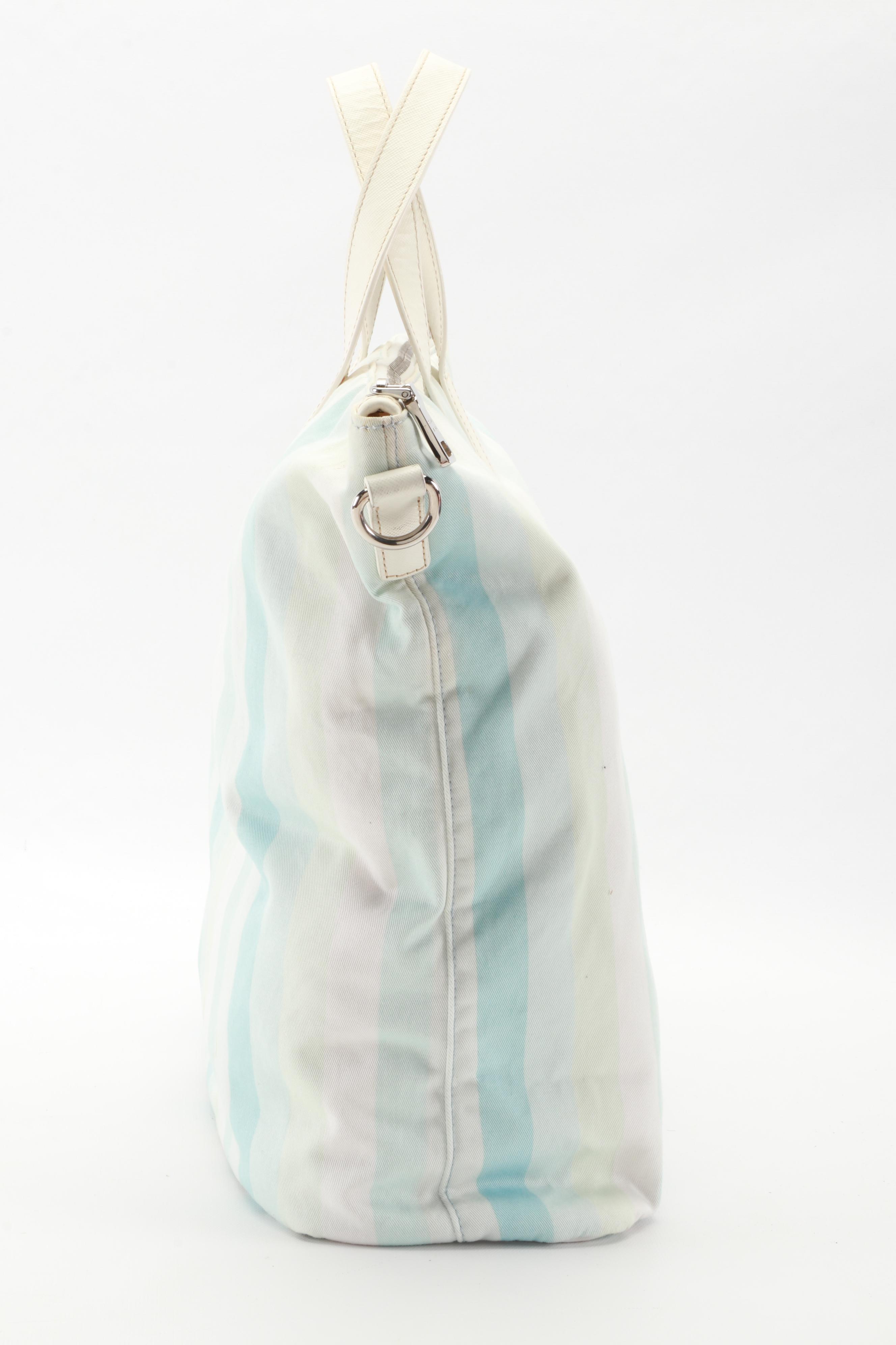 Prada Stripe Printed Cotton and Saffiano Leather Two-Way Tote Bag