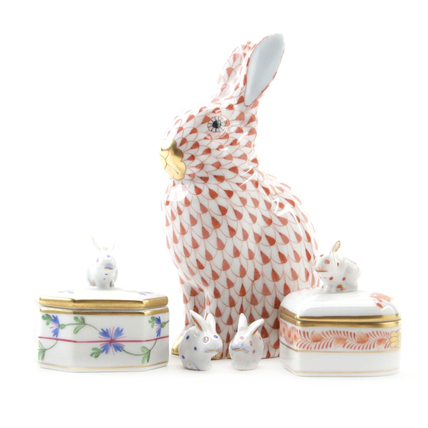 Herend Rust Fishnet "Rabbit" Porcelain Figurine with Heart-Shaped Box and More