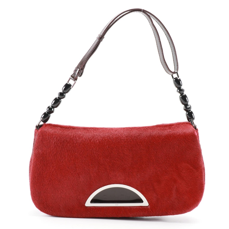 Christian Dior Malice Baguette in Dyed Red Calf Hair with Beaded Leather Strap