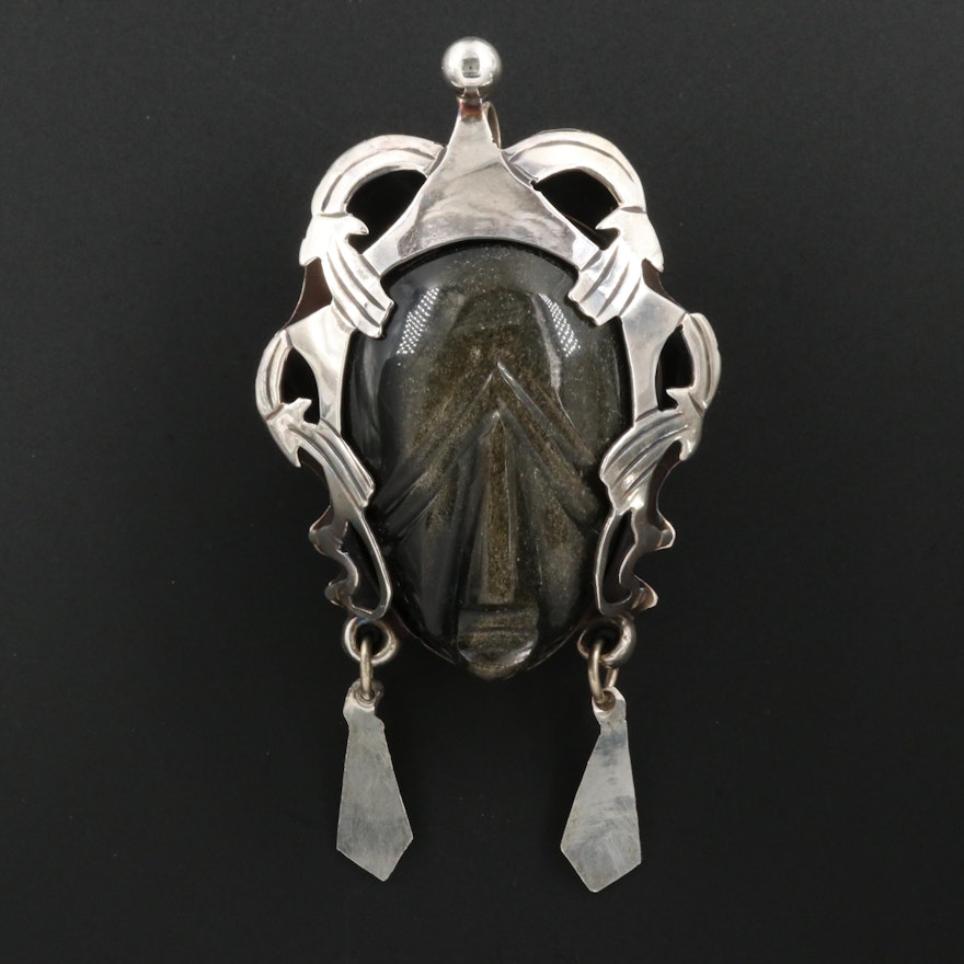 Mexican Sterling Sheen Obsidian Figural Converter Brooch