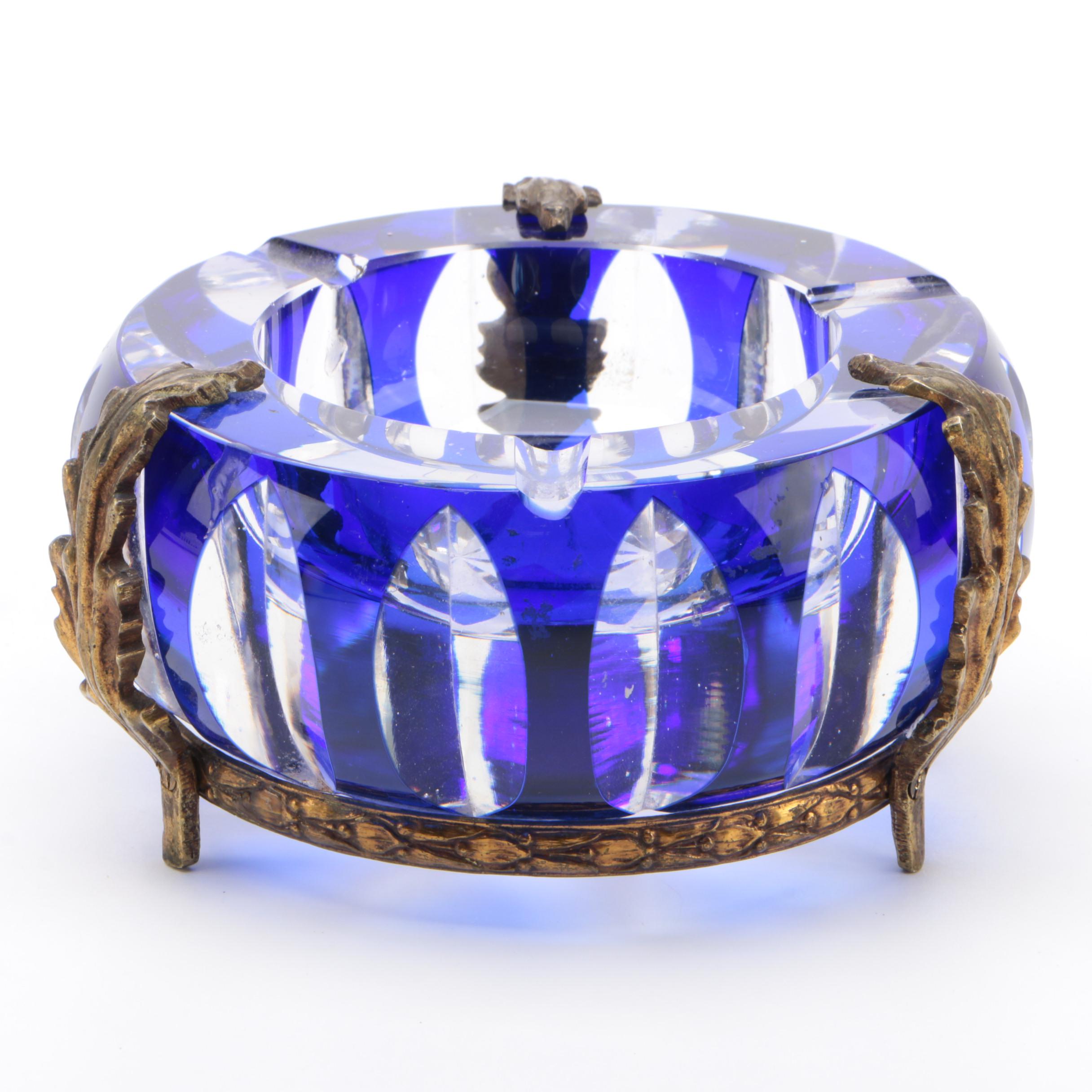 Gilt Ormolu Mounted Cobalt Cut to Clear Glass Ashtray