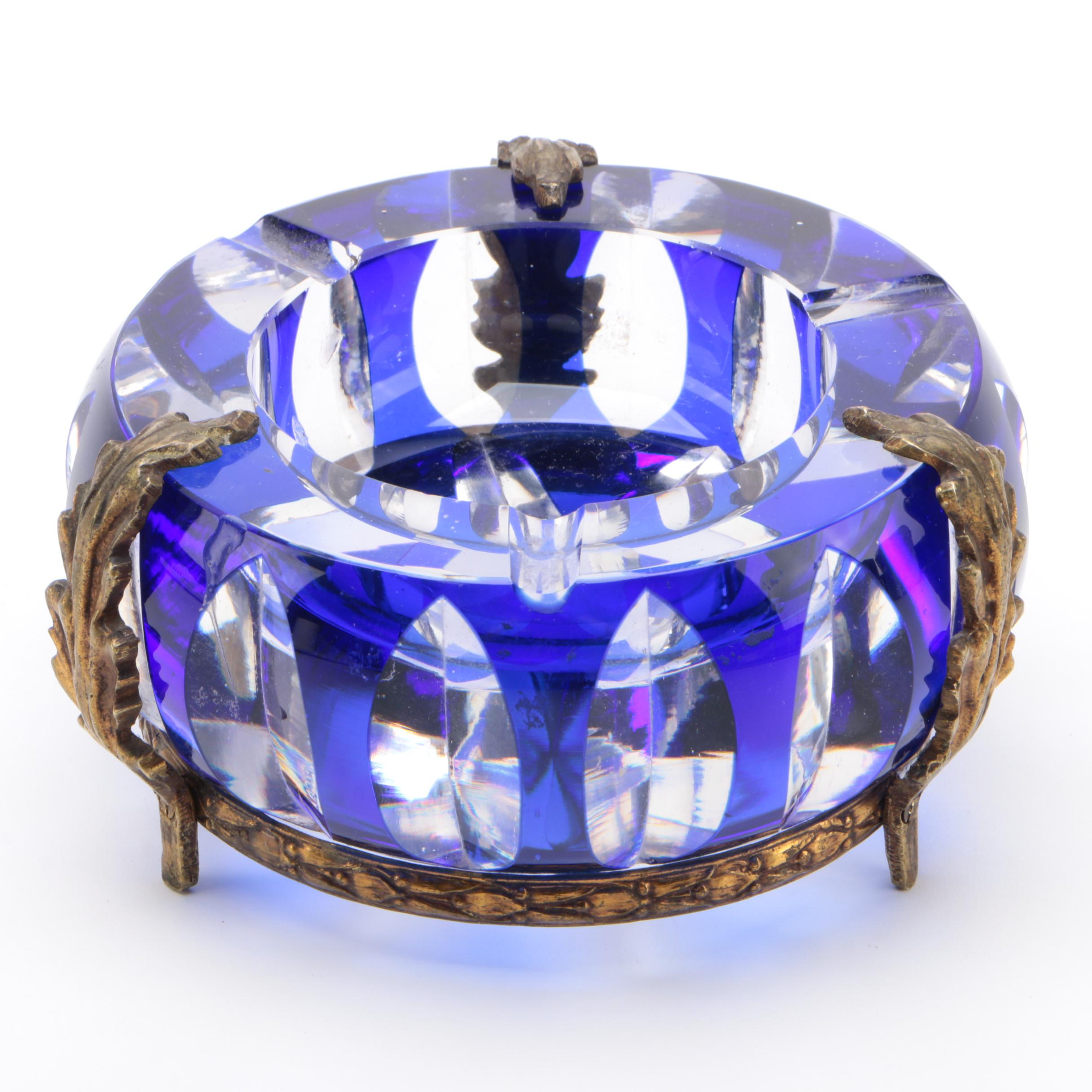 Gilt Ormolu Mounted Cobalt Cut to Clear Glass Ashtray