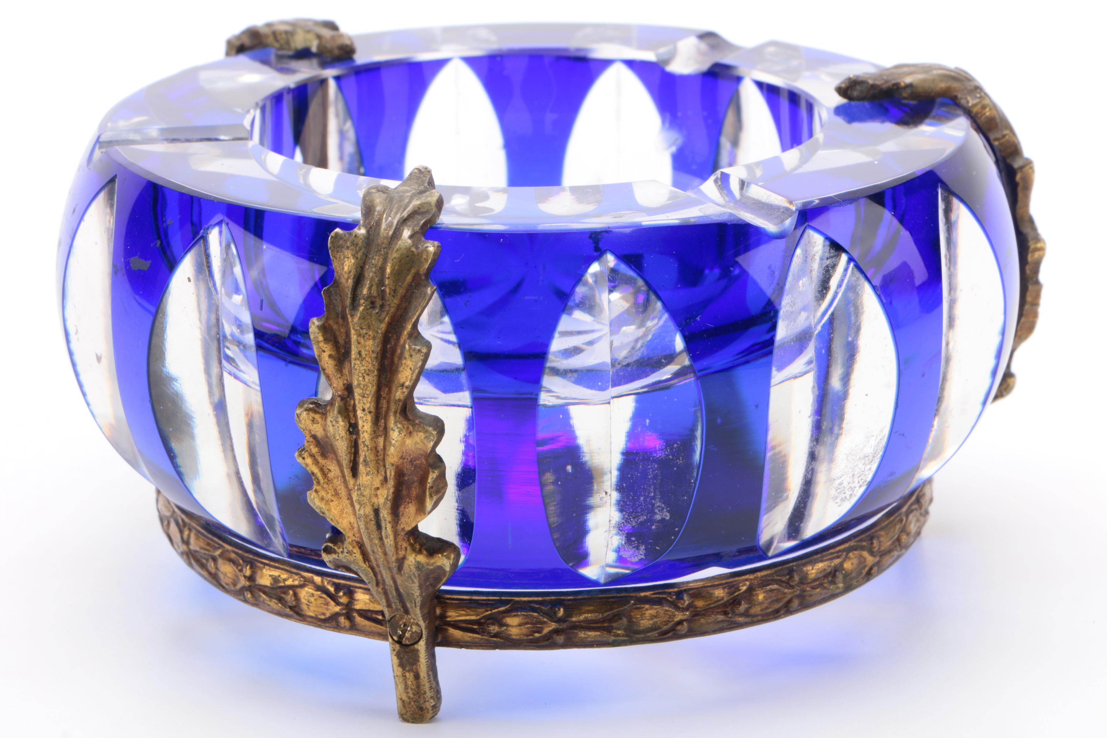 Gilt Ormolu Mounted Cobalt Cut to Clear Glass Ashtray