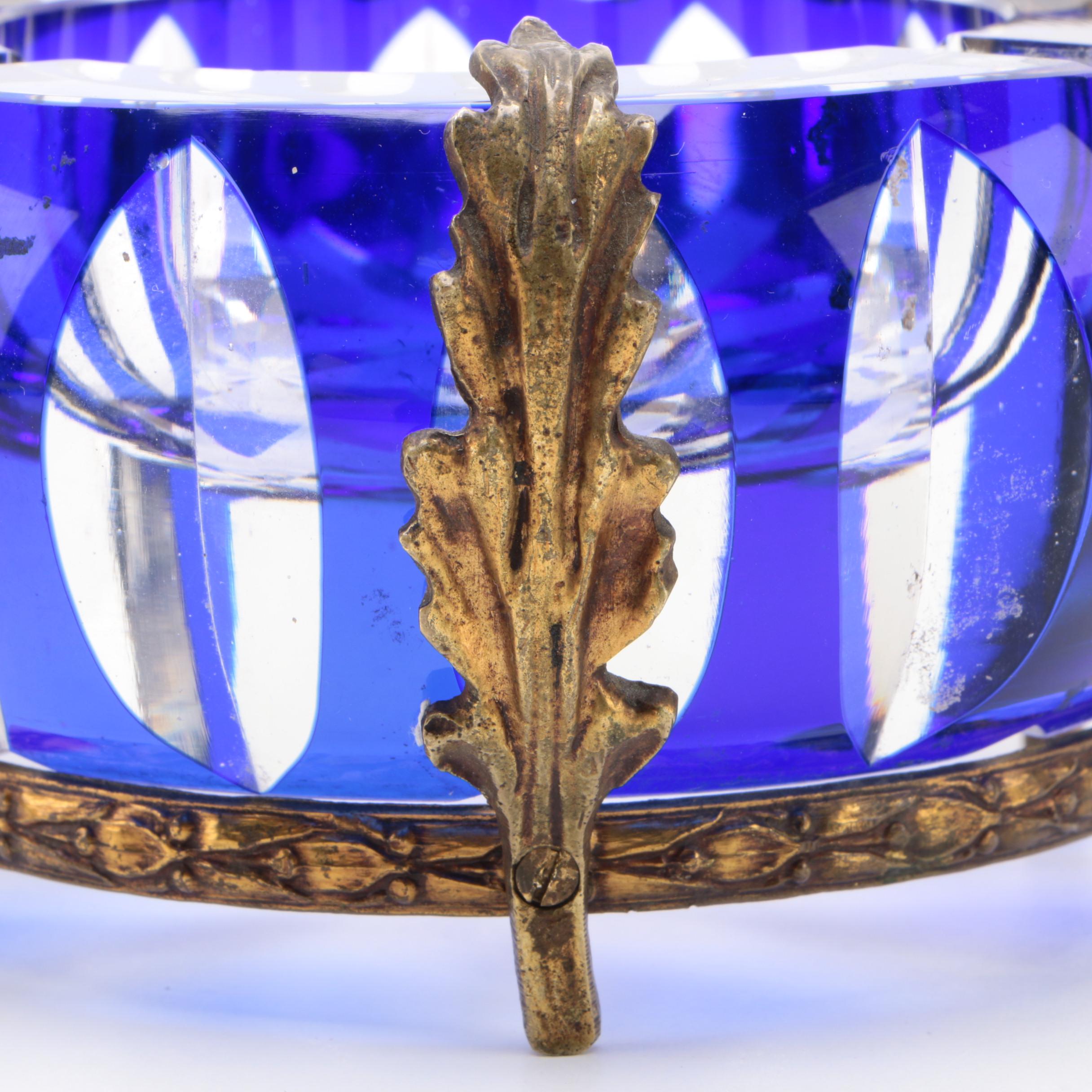 Gilt Ormolu Mounted Cobalt Cut to Clear Glass Ashtray