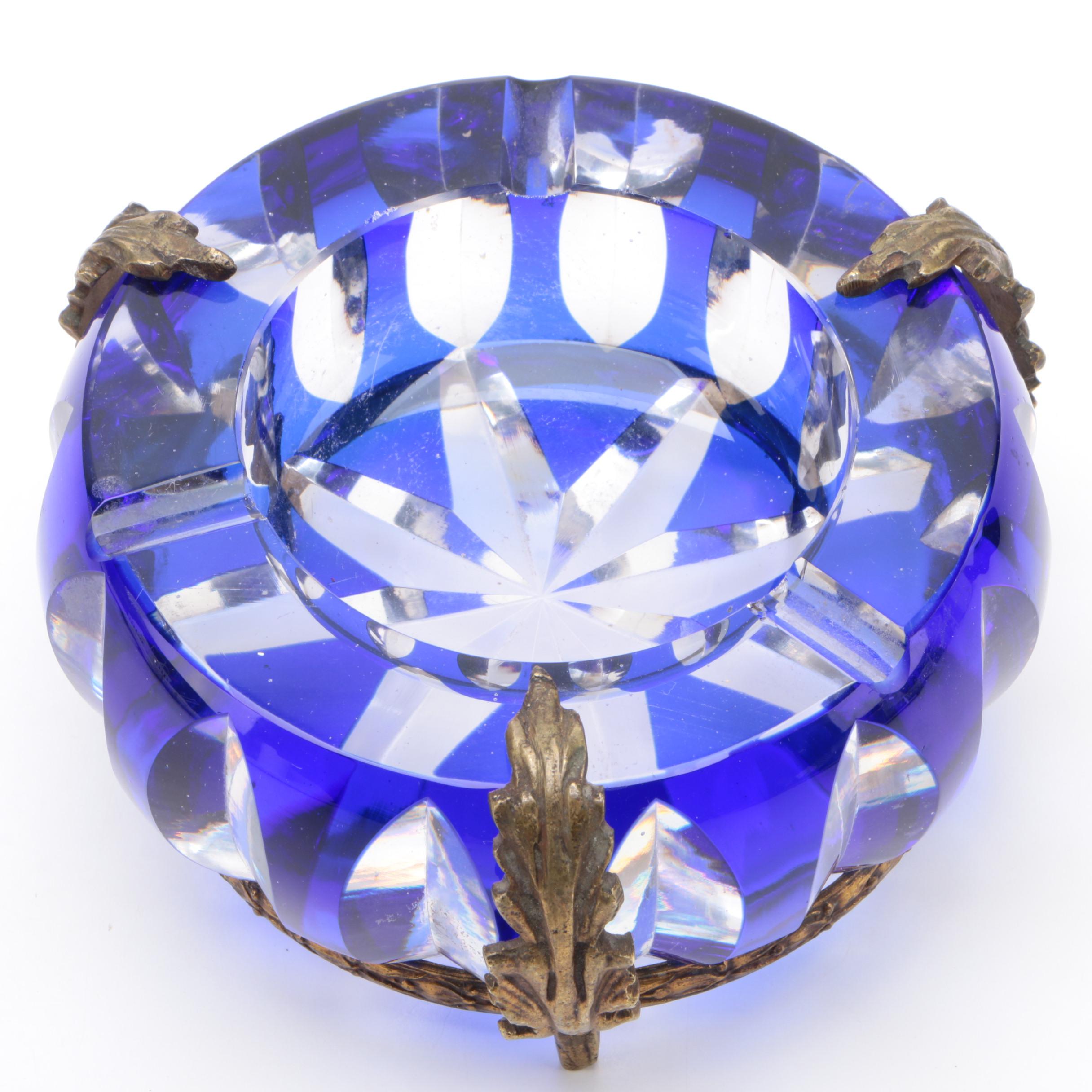 Gilt Ormolu Mounted Cobalt Cut to Clear Glass Ashtray