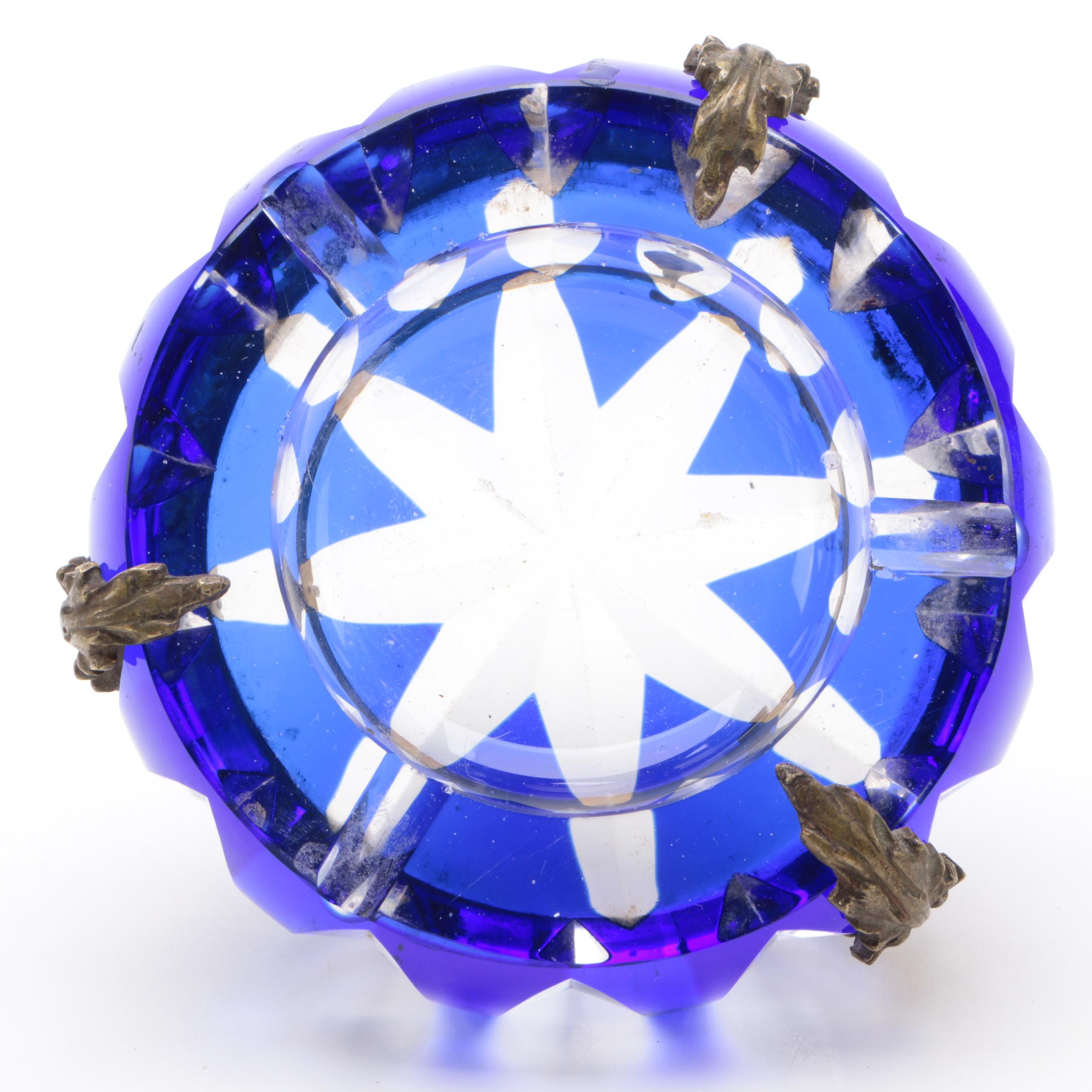 Gilt Ormolu Mounted Cobalt Cut to Clear Glass Ashtray
