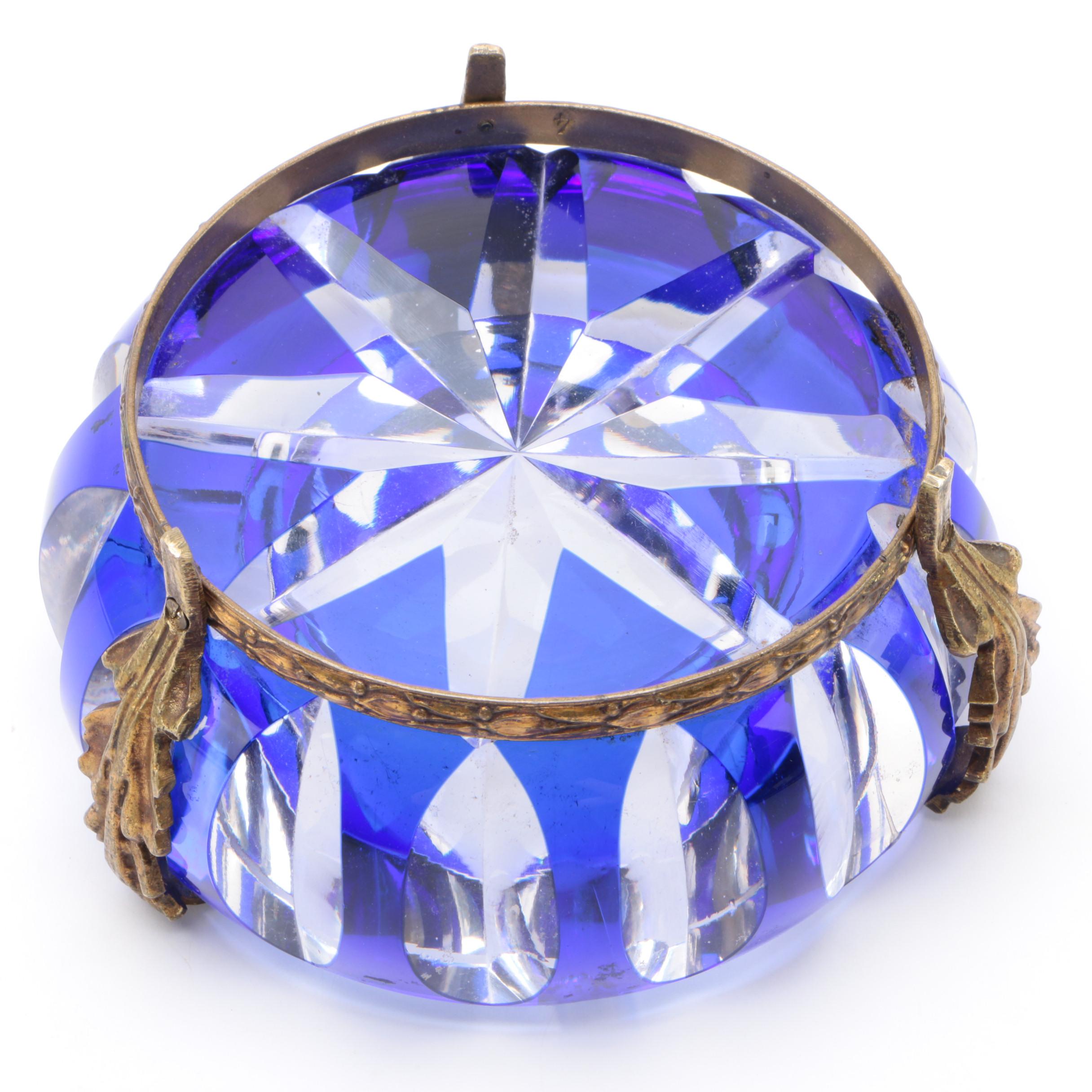 Gilt Ormolu Mounted Cobalt Cut to Clear Glass Ashtray