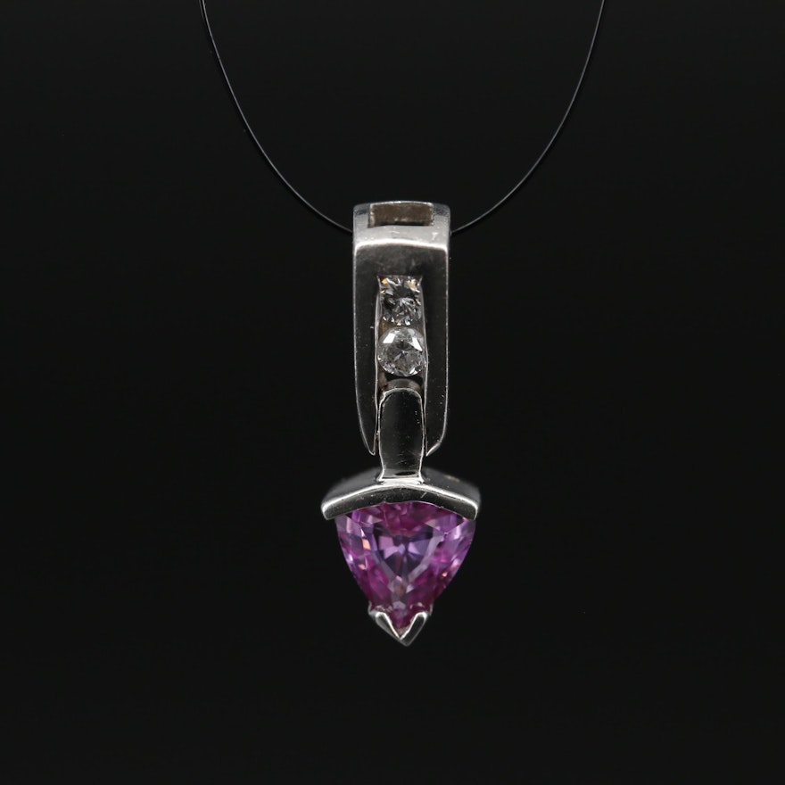 14K White Gold, Pink Sapphire and Diamond Pendant