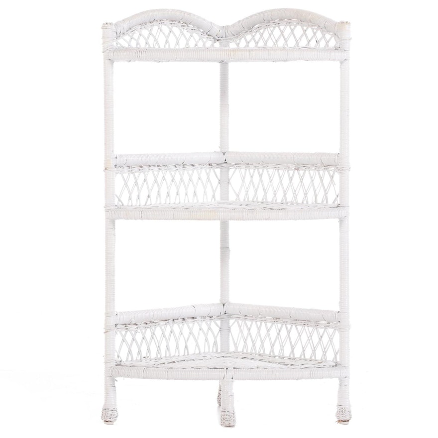 White-Painted Wicker Three-Tier Corner Stand