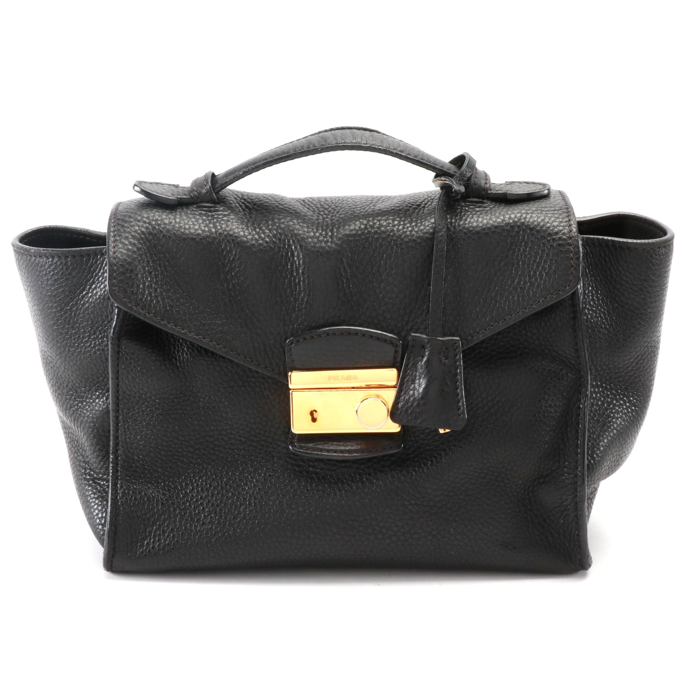 Prada Black Vitello Daino Pebbled Leather Push Lock Two-Way Satchel Bag