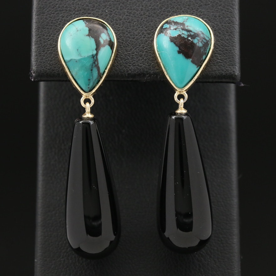 Sterling Silver Black Onyx and Turquoise Drop Earrings