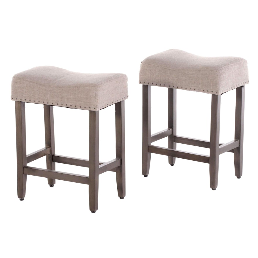 Pair of Contemporary Grey-Finished and Upholstered Counter-Height Stools