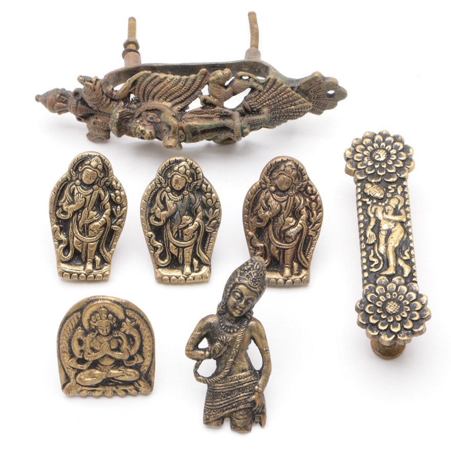 Indian Brass and Gilt Metal Furniture Hardware with Hindu Goddesses