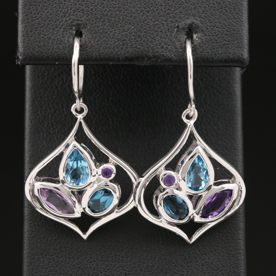 Sterling Silver Amethyst and Topaz Arabesque Shaped Earrings