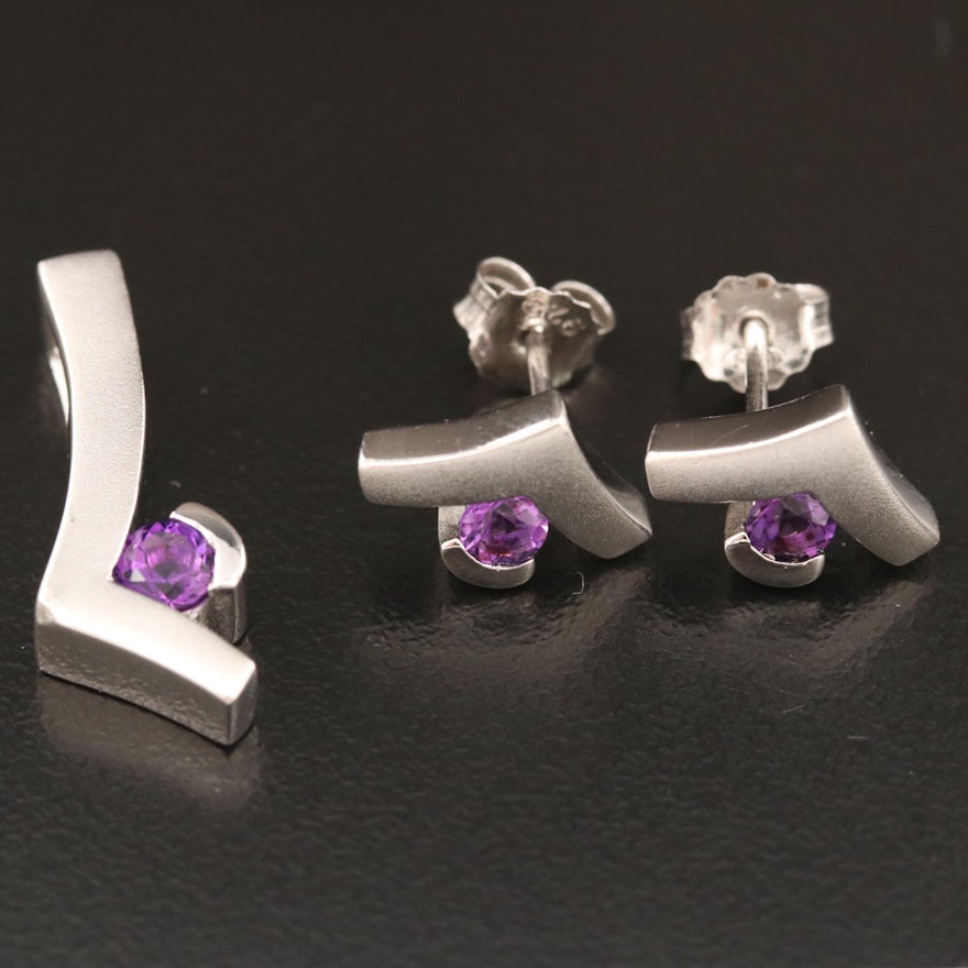 Sterling Silver Amethyst Stud Earrings and Pendant