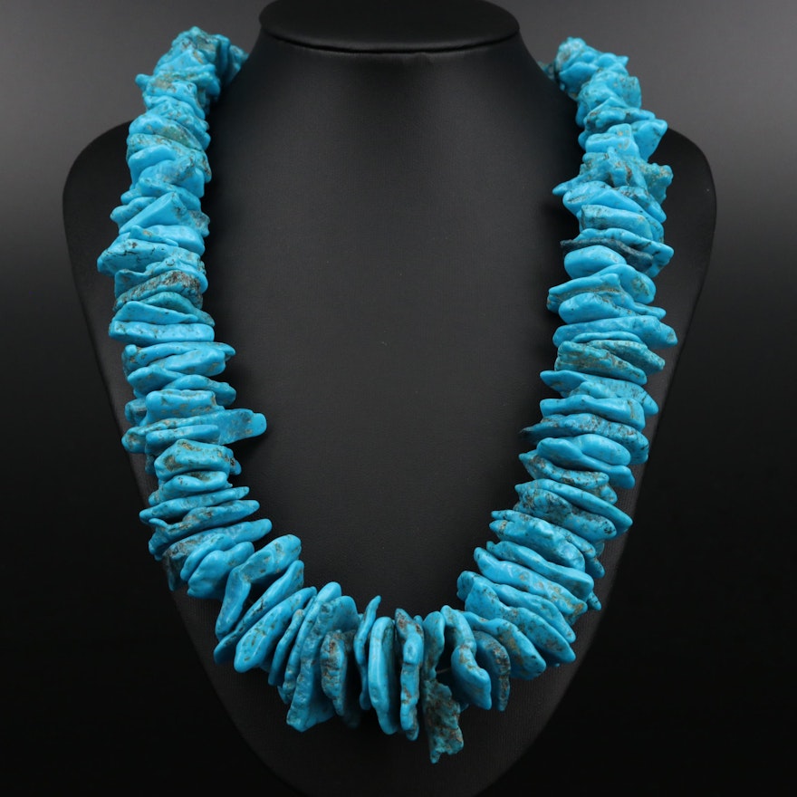 Turquoise and Shell Beaded Necklace with Sterling Silver Clasp