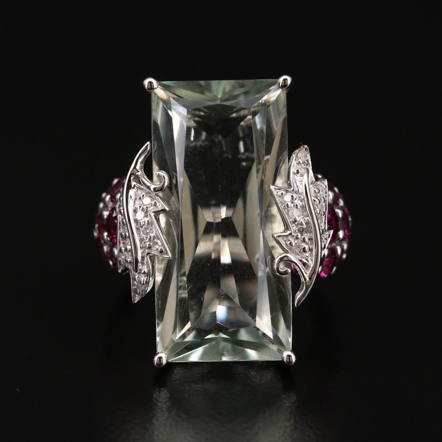 Sterling Silver Prasiolite, Rhodolite Garnet and Diamond Ring