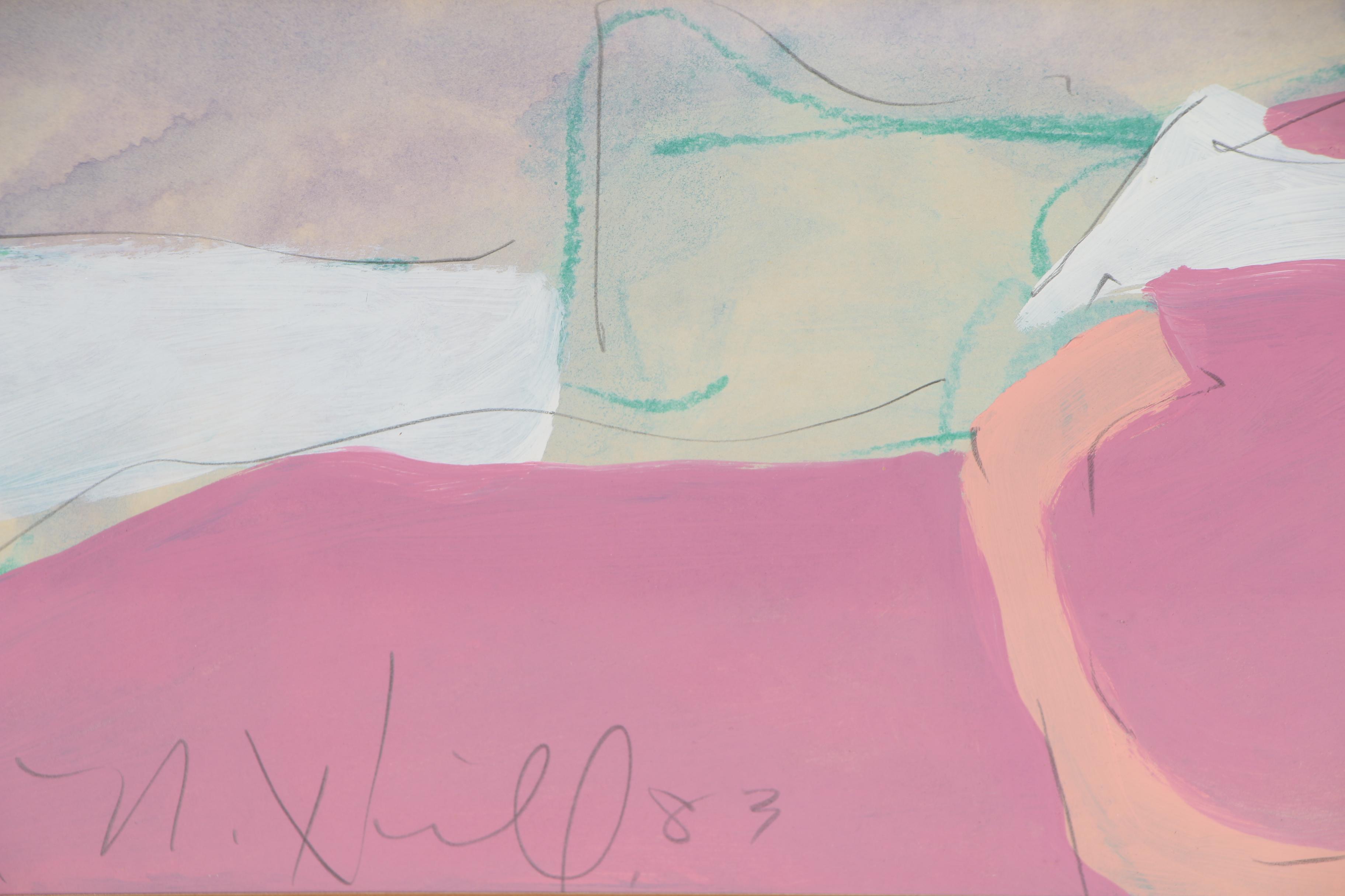 Jim N. Hill Embellished Gouache Painting of Abstract Woman, 1983