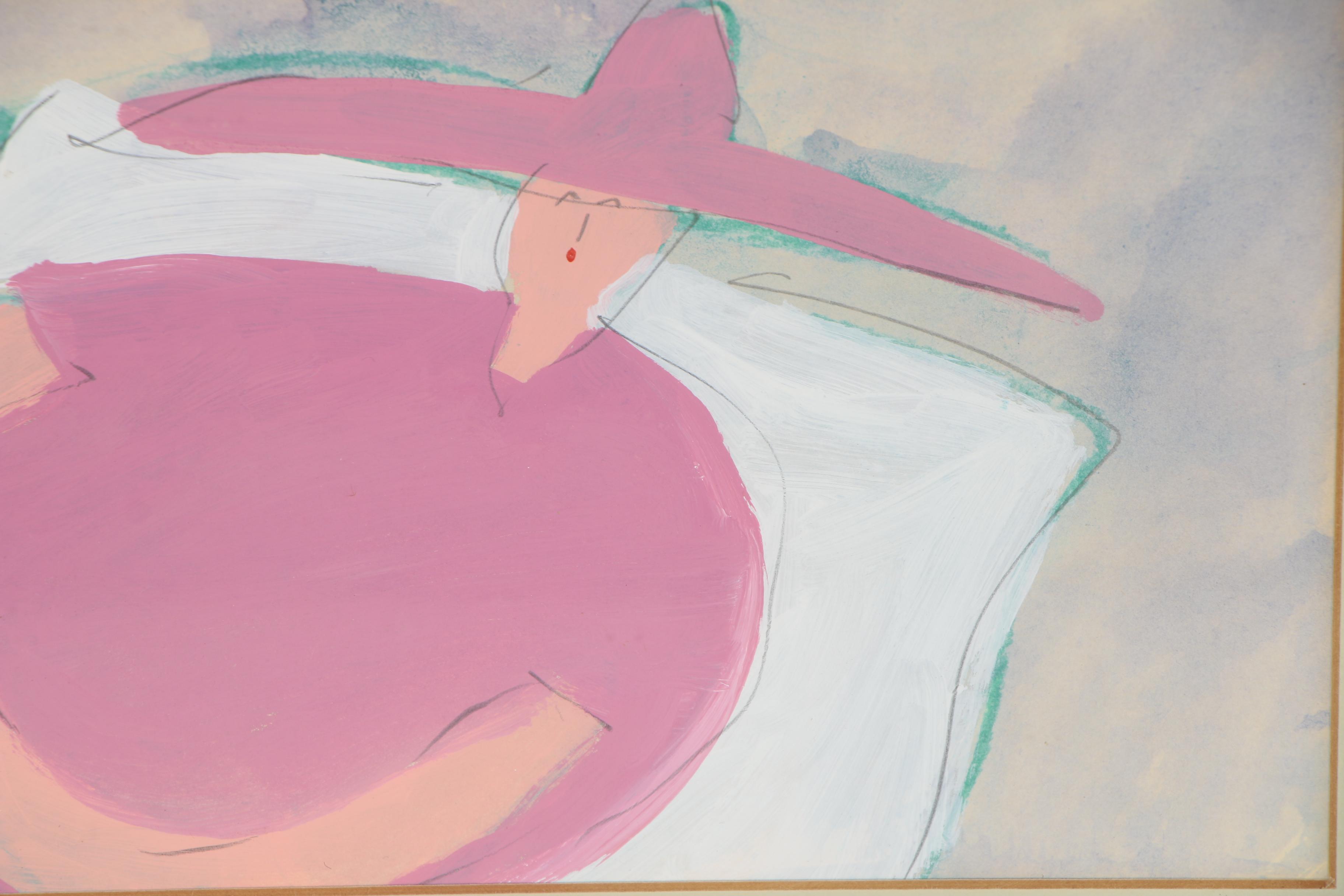 Jim N. Hill Embellished Gouache Painting of Abstract Woman, 1983