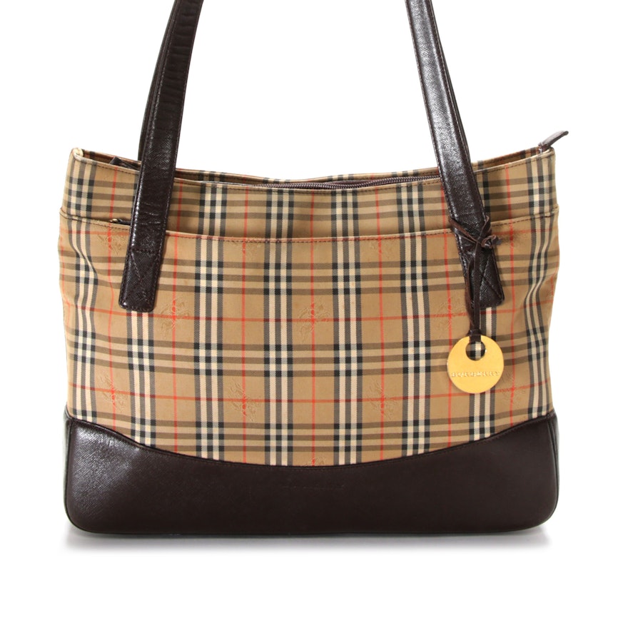 Burberry "Haymarket Check" and Brown Saffiano Leather Zip Top Shoulder Bag