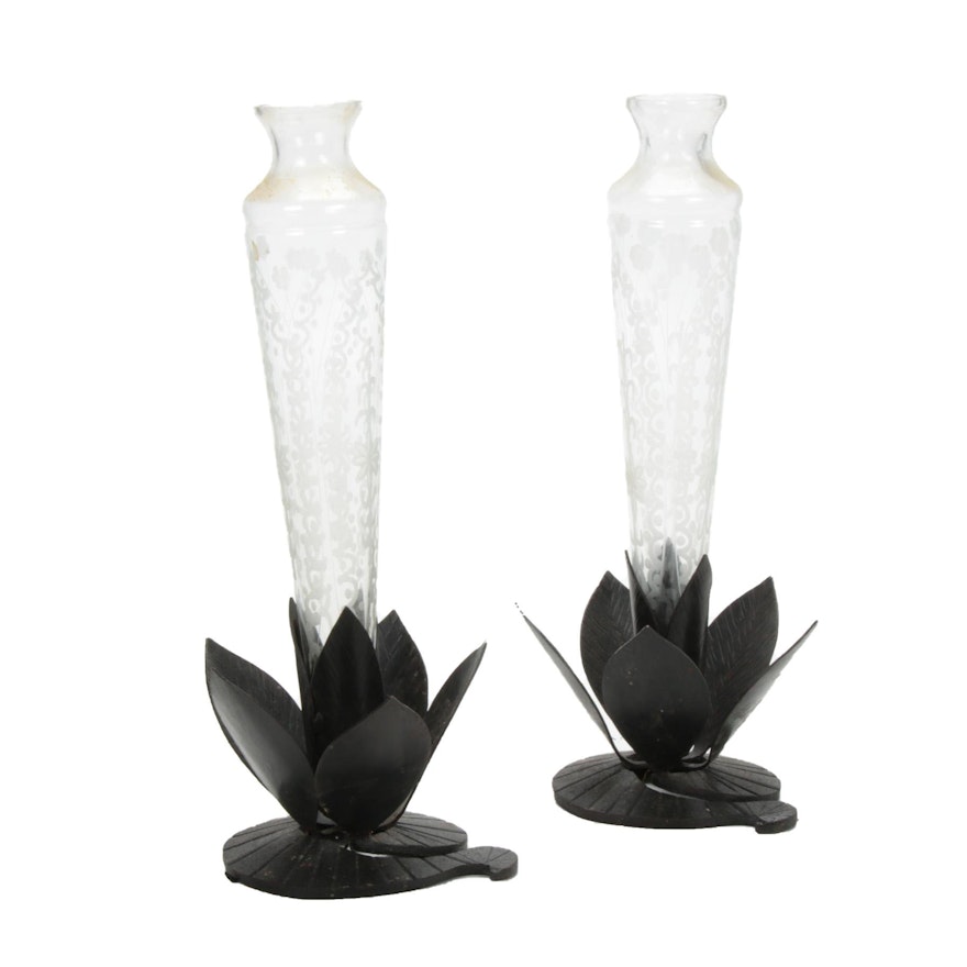 Fortin Iron Works Vase Stands with Etched Glass Vases