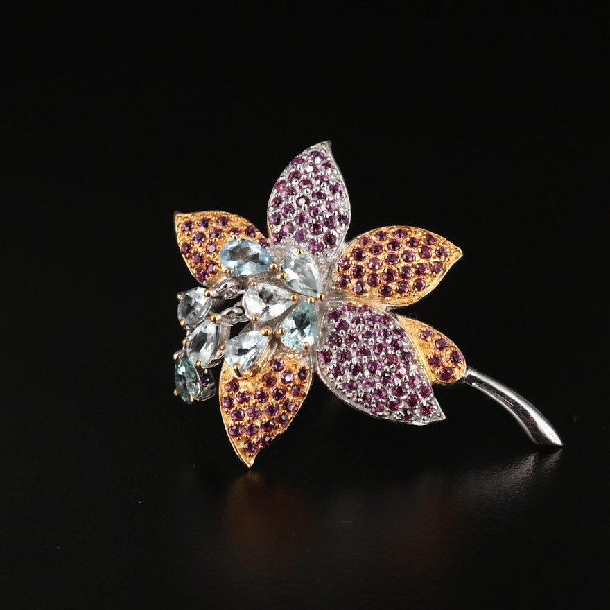 Sterling Silver Aquamarine and Rhodolite Garnet Flower Brooch