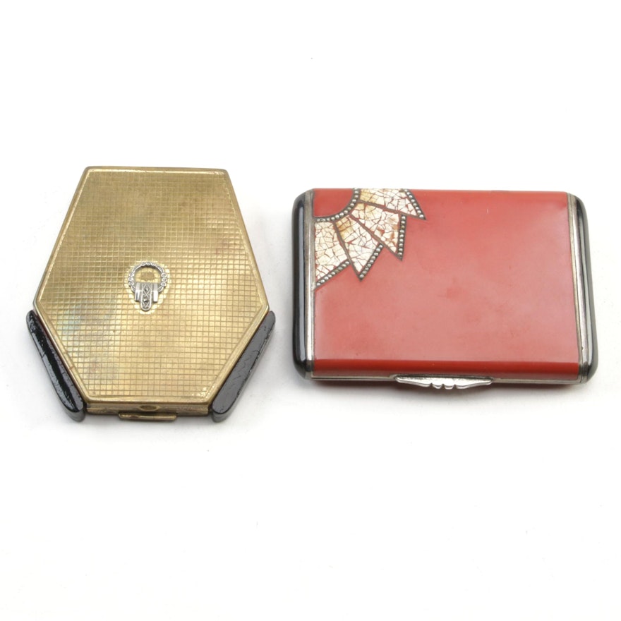 German Art Deco Sterling and Egg Shell Lacquer Cigarette Case with Compact