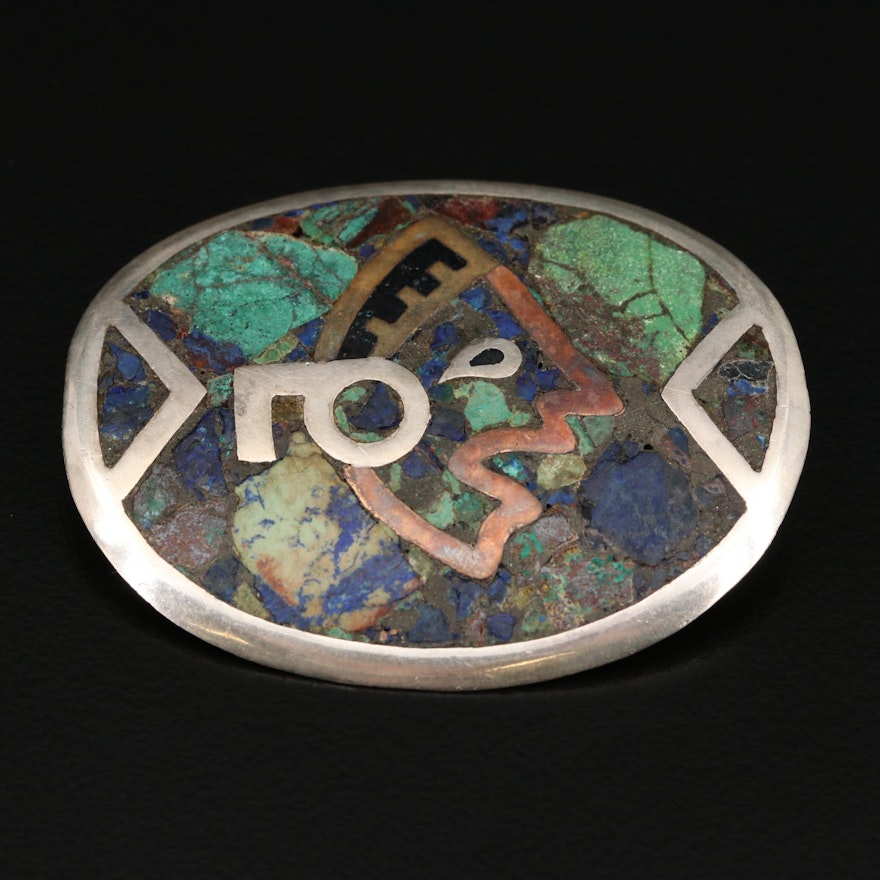 Mexican Sterling Silver Stone Inlay Converter Brooch