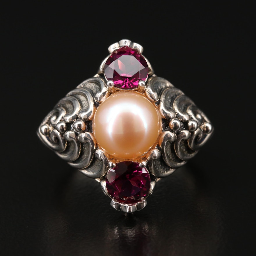 Sterling Silver Cultured Pearl and Rhodolite Garnet Ring