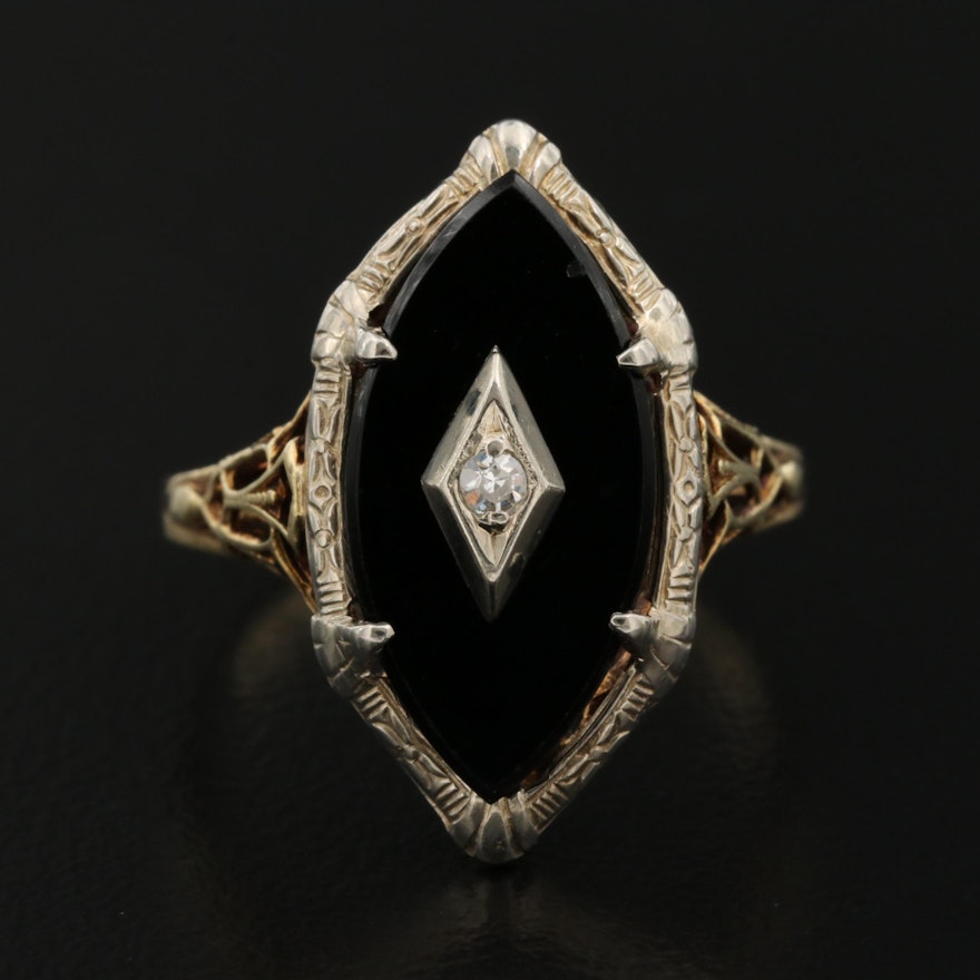 Vintage 14K Black Onyx and Diamond Ring