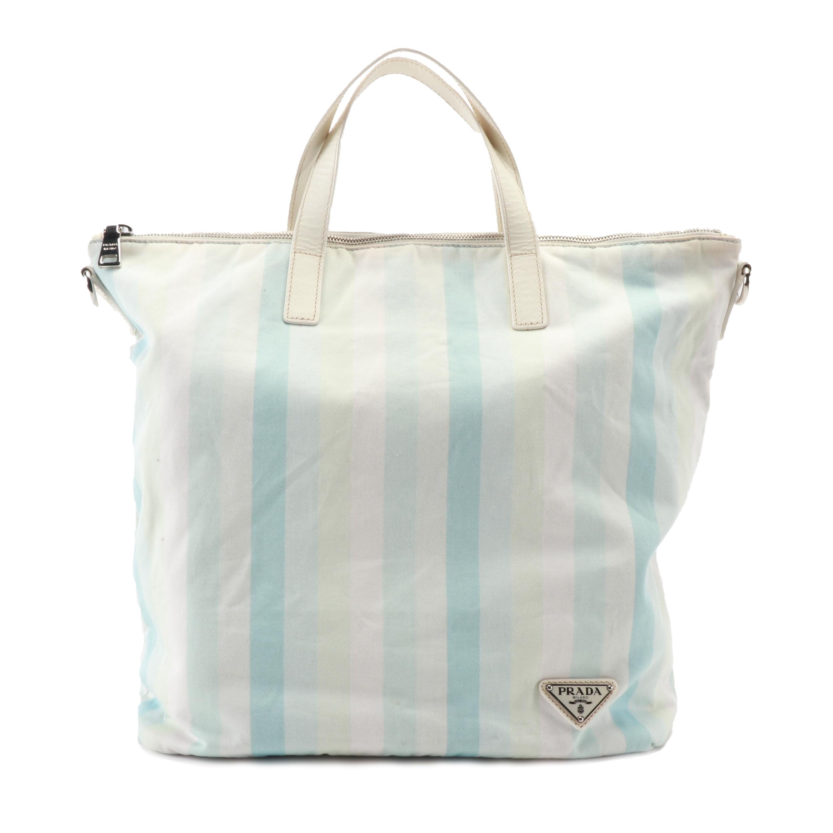 Prada Stripe Printed Cotton and Saffiano Leather Two-Way Tote Bag
