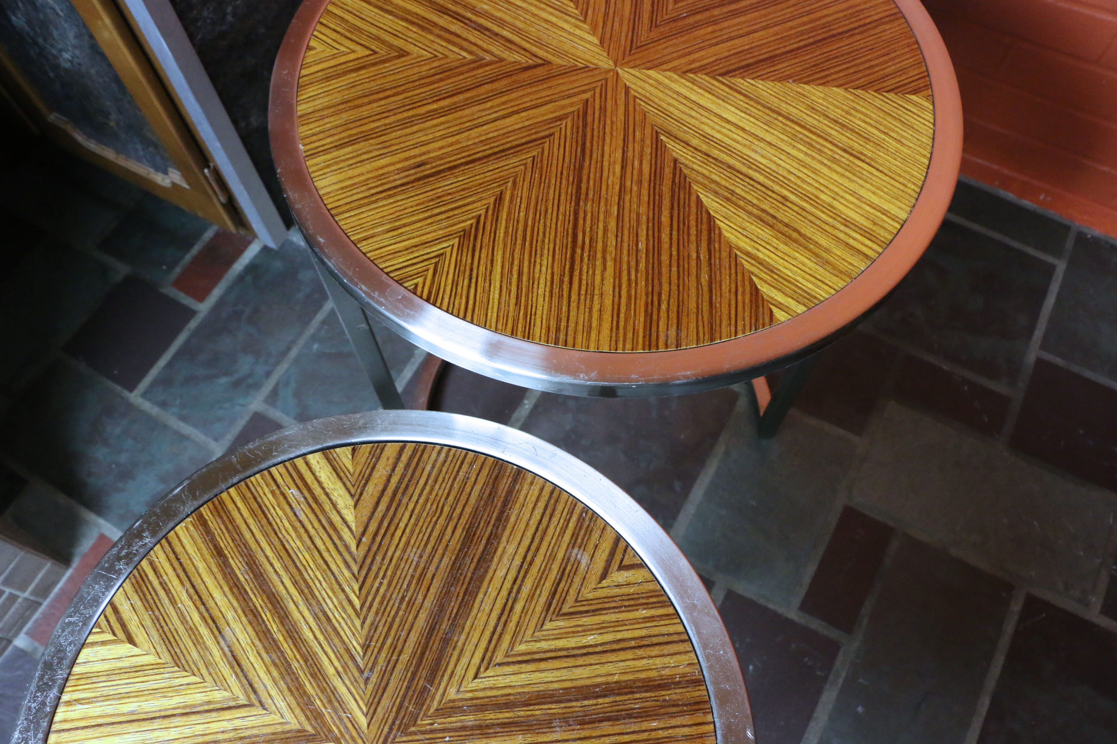 Chrome and Sunburst Wood Veneer Nesting Tables