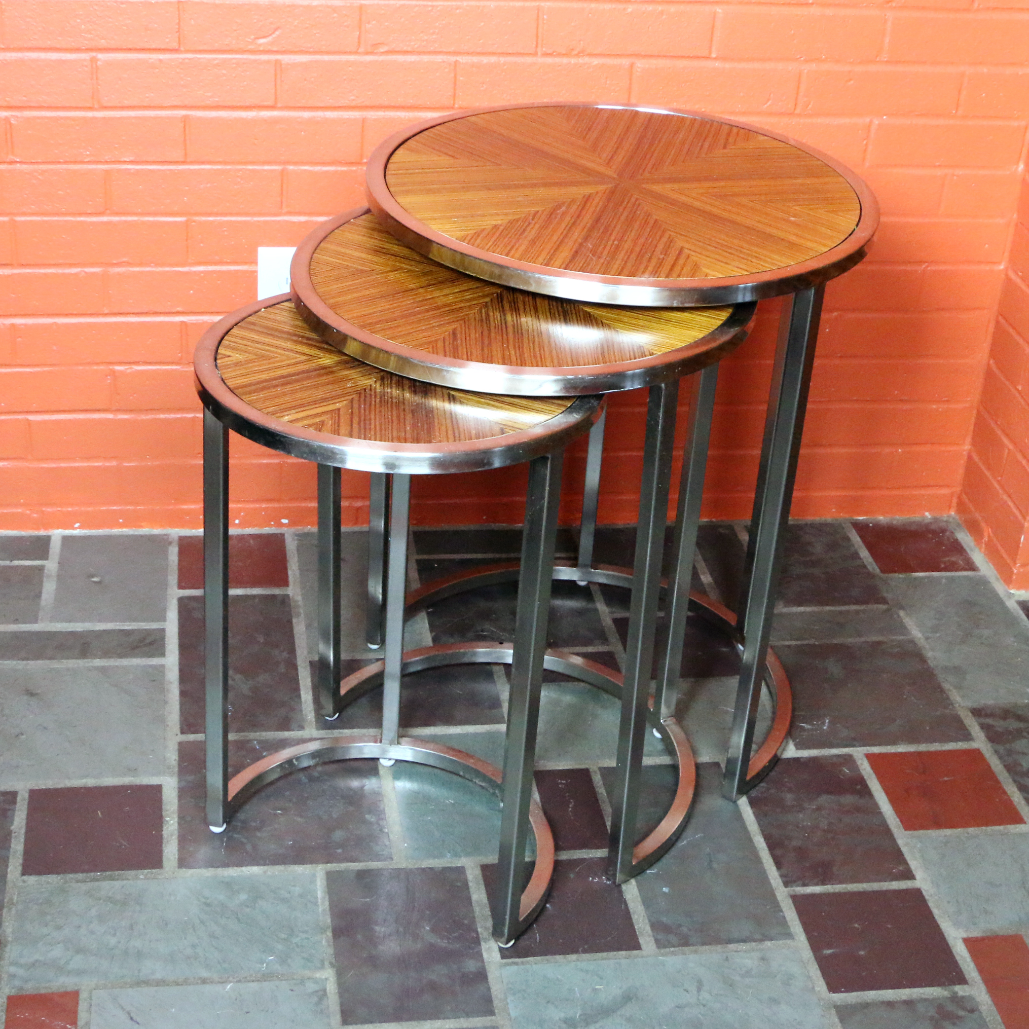 Chrome and Sunburst Wood Veneer Nesting Tables