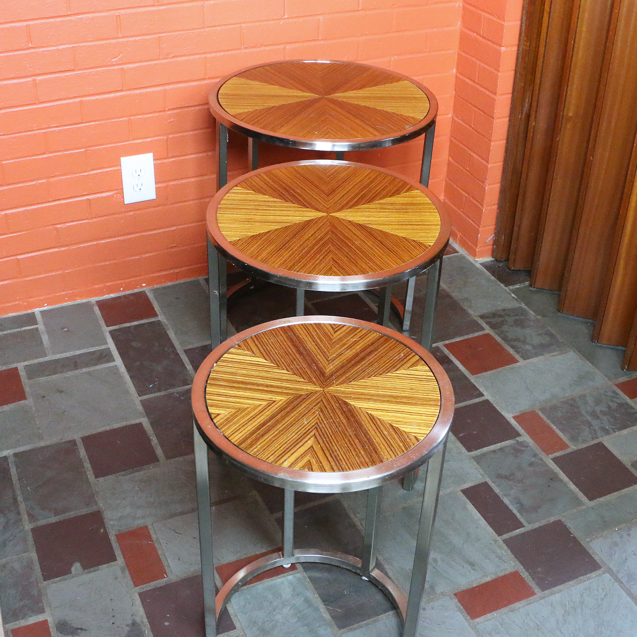 Chrome and Sunburst Wood Veneer Nesting Tables