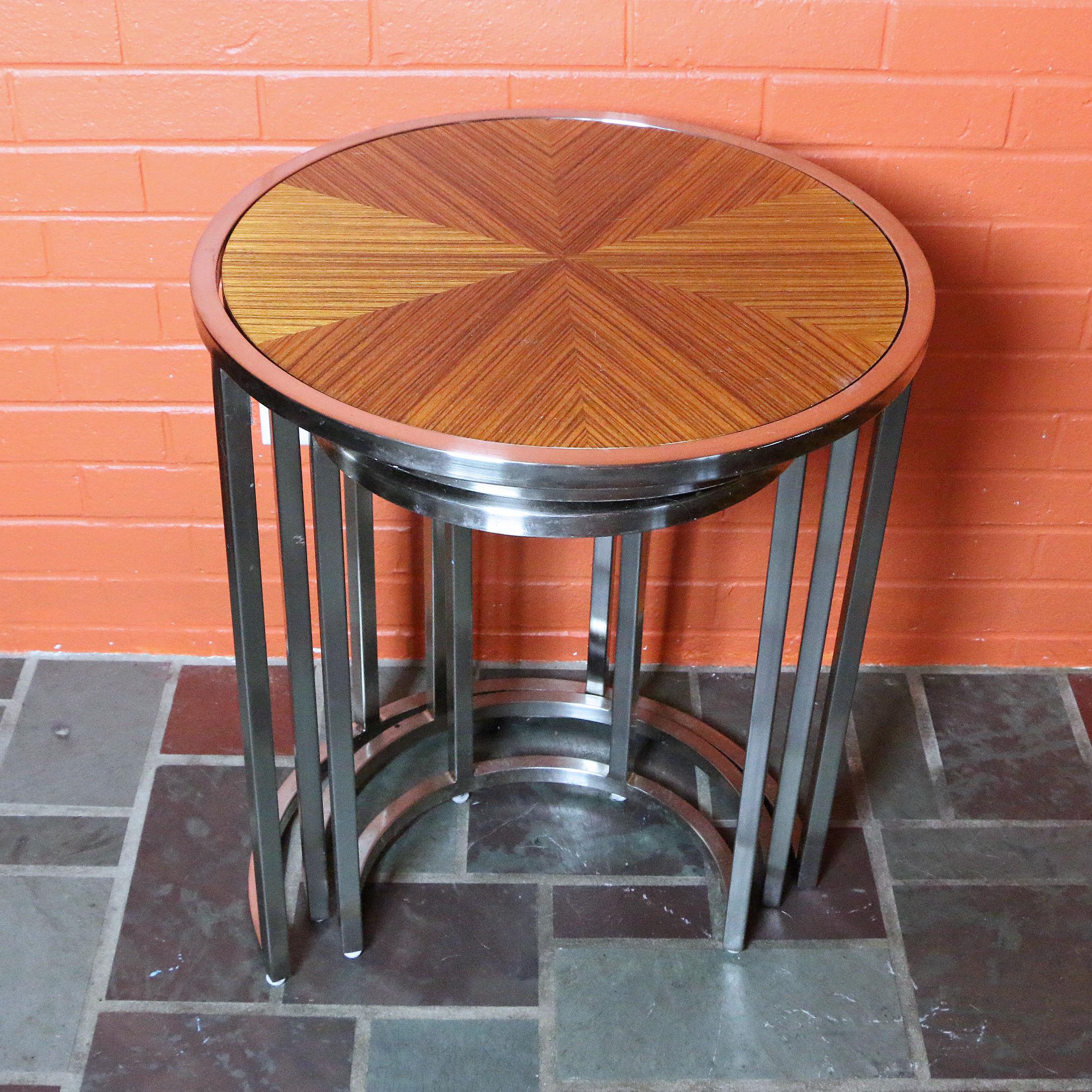 Chrome and Sunburst Wood Veneer Nesting Tables
