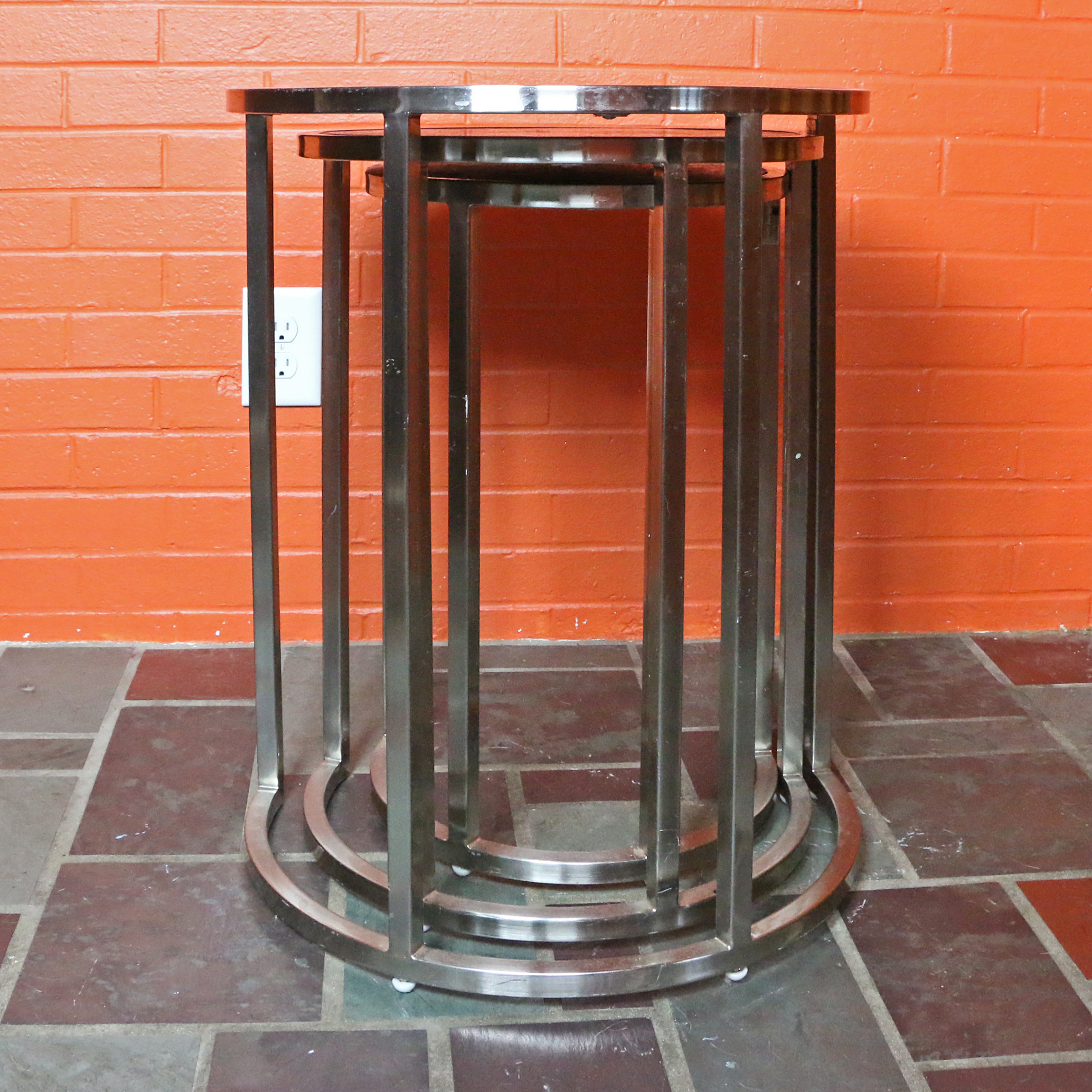 Chrome and Sunburst Wood Veneer Nesting Tables
