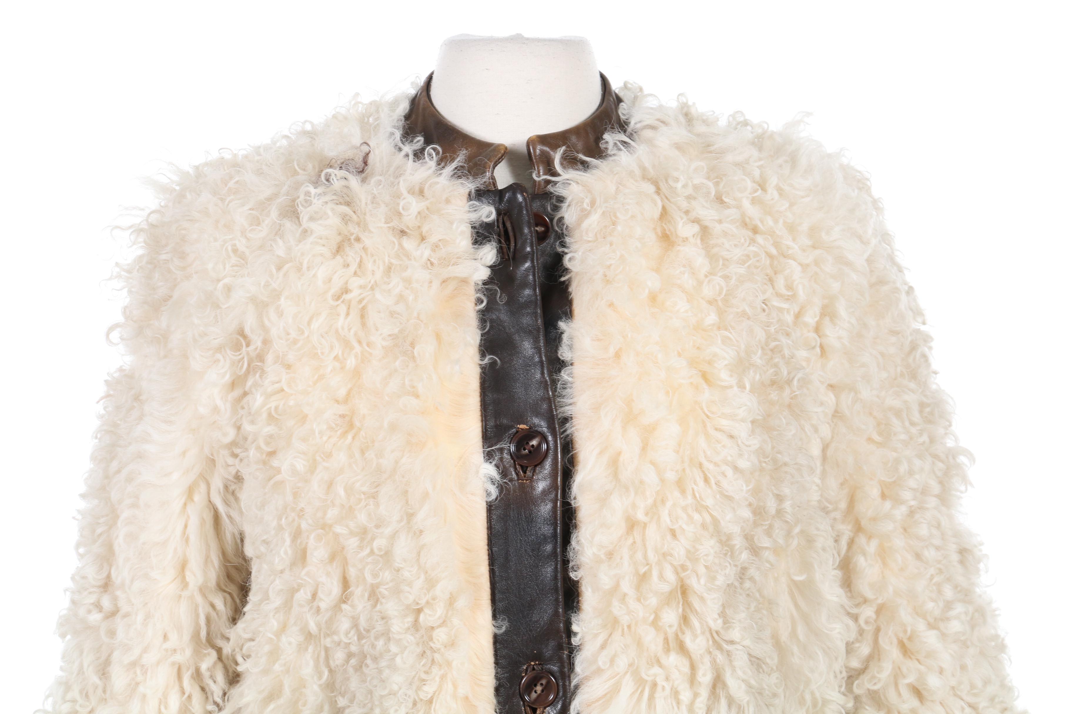 Albert Alfus Mongolian Lamb Fur Coat with Leather Trim, 1970s Vintage