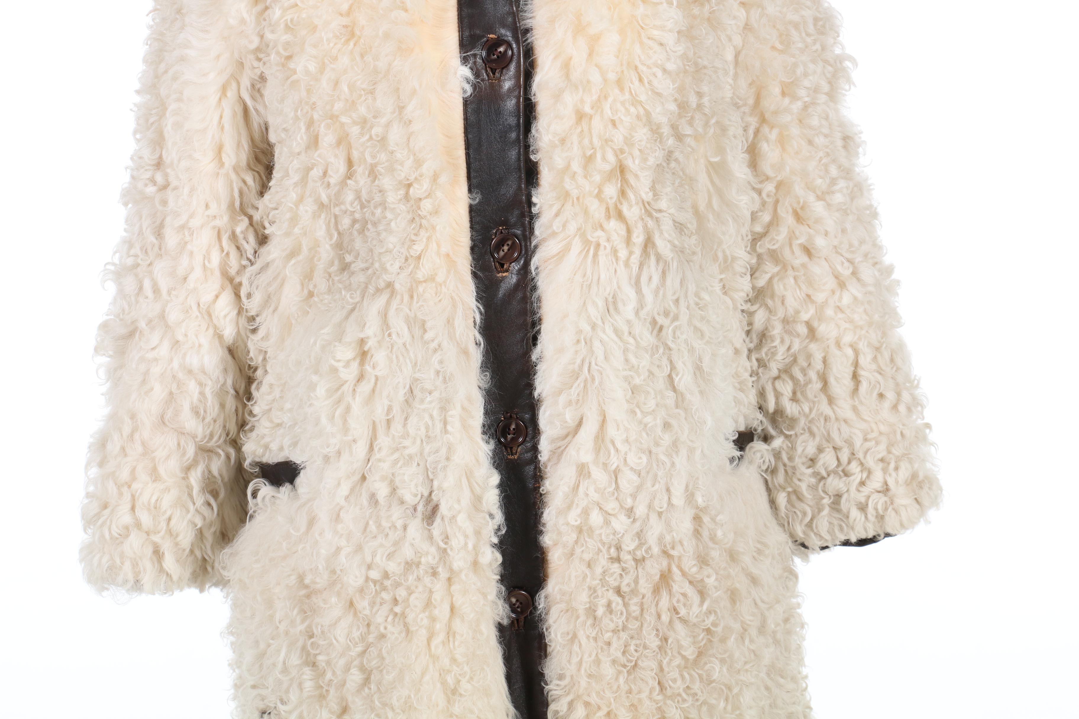 Albert Alfus Mongolian Lamb Fur Coat with Leather Trim, 1970s Vintage