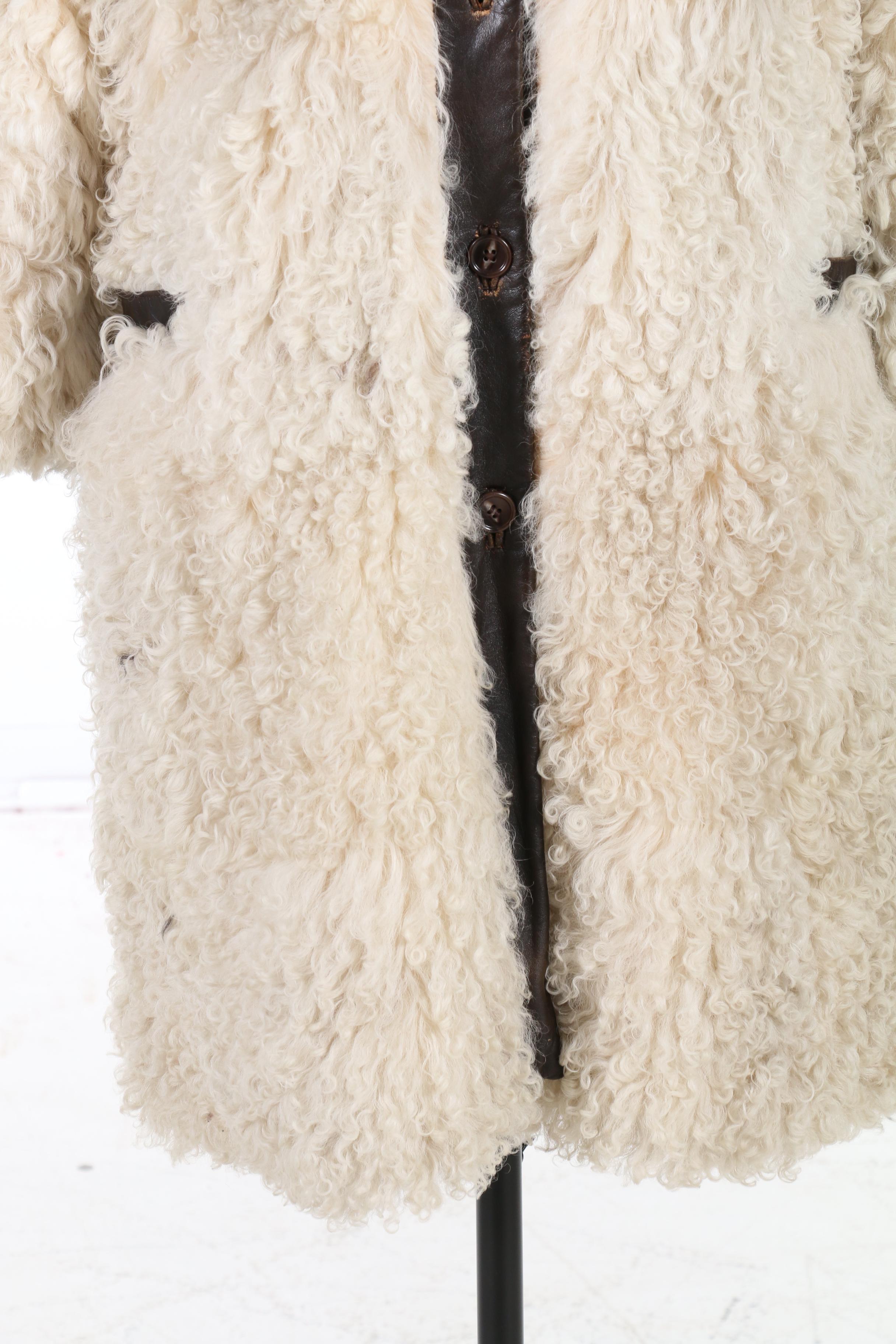 Albert Alfus Mongolian Lamb Fur Coat with Leather Trim, 1970s Vintage