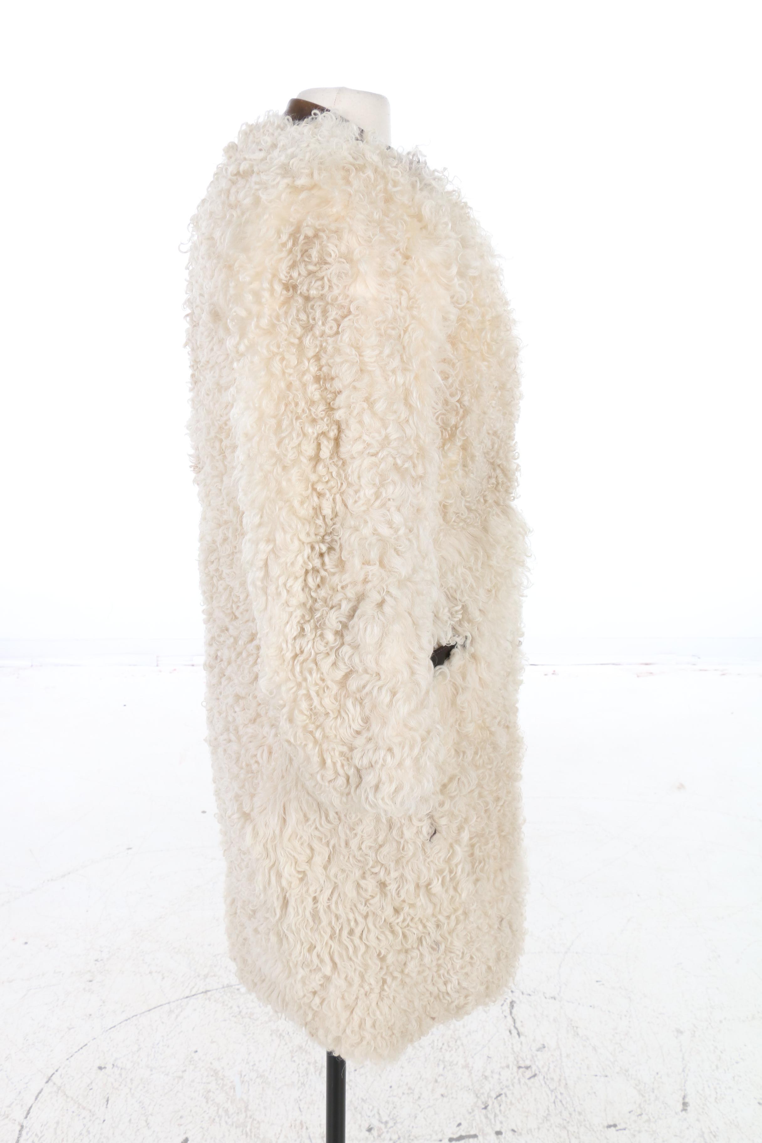 Albert Alfus Mongolian Lamb Fur Coat with Leather Trim, 1970s Vintage