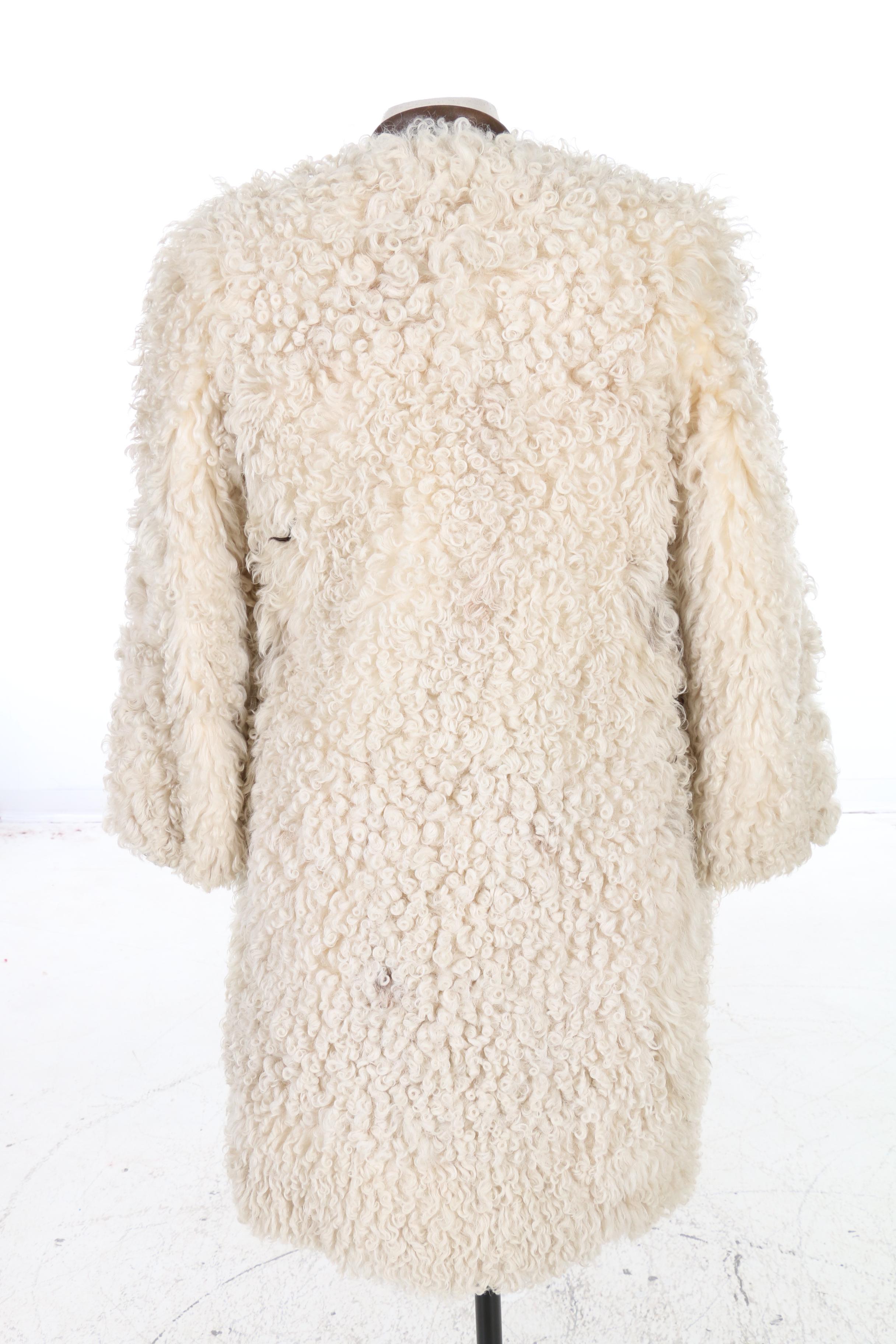 Albert Alfus Mongolian Lamb Fur Coat with Leather Trim, 1970s Vintage