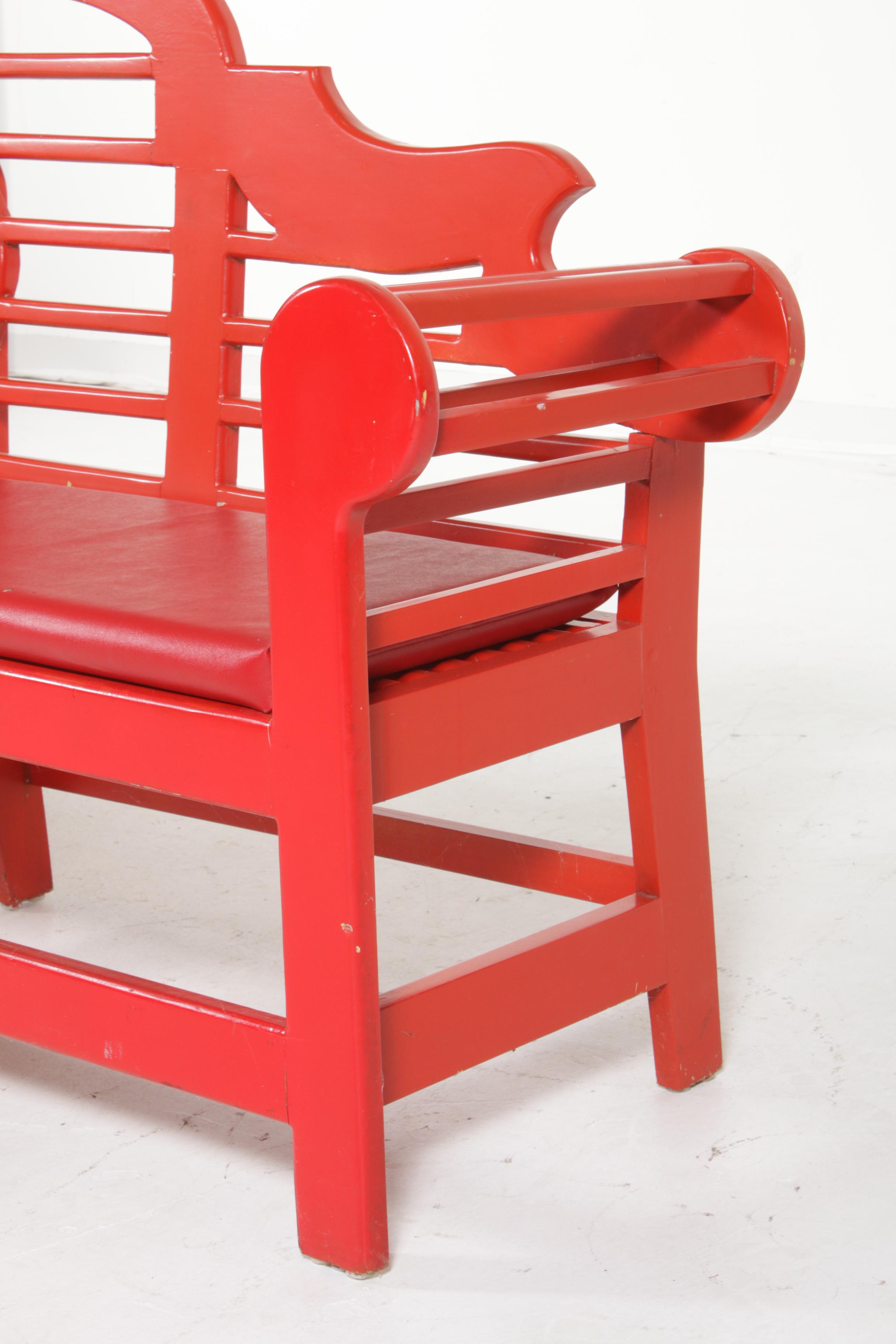 Chinese Red Painted Lutyens Bench, Mid to Late 20th Century