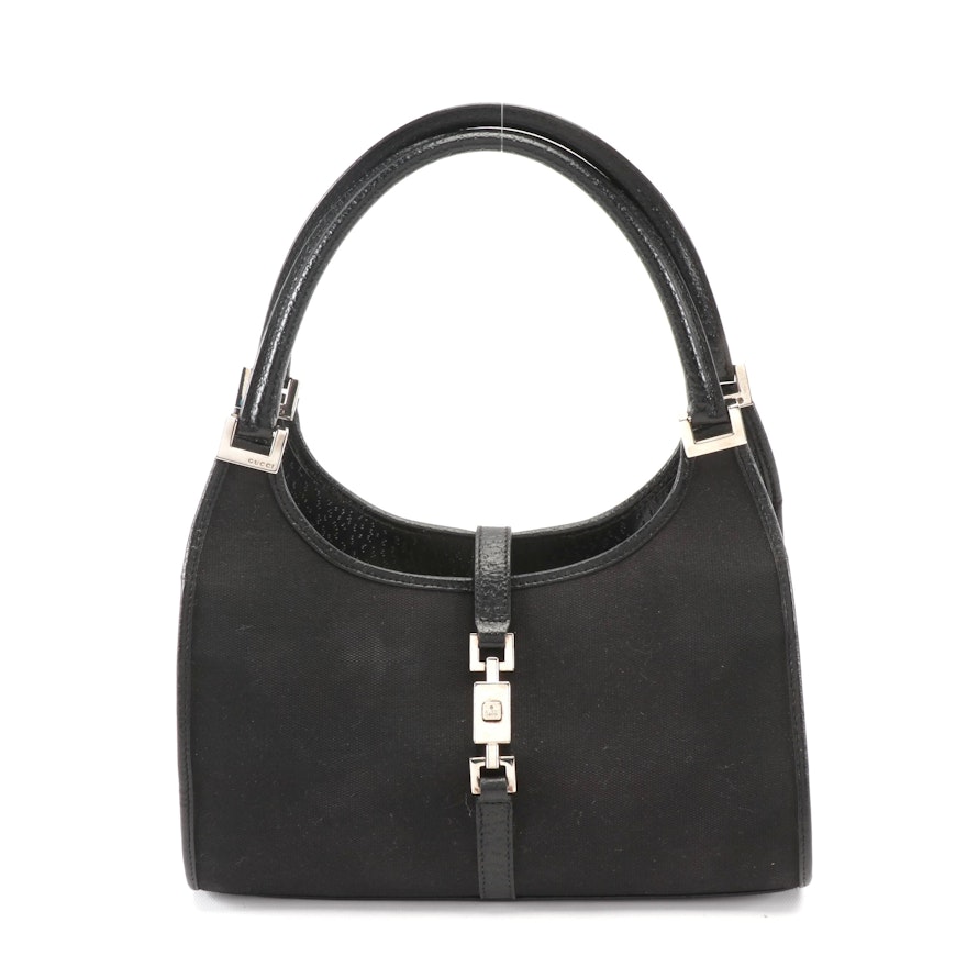 Gucci Shoulder Bag in Black Canvas with Leather Trim and Push Lock Closure