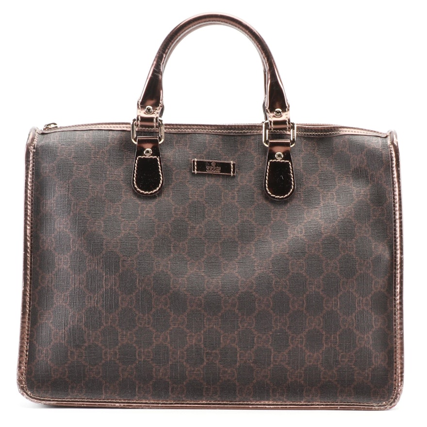 Gucci Top Handle Tote in Brown GG Coated Canvas and Bronze Metallic Leather
