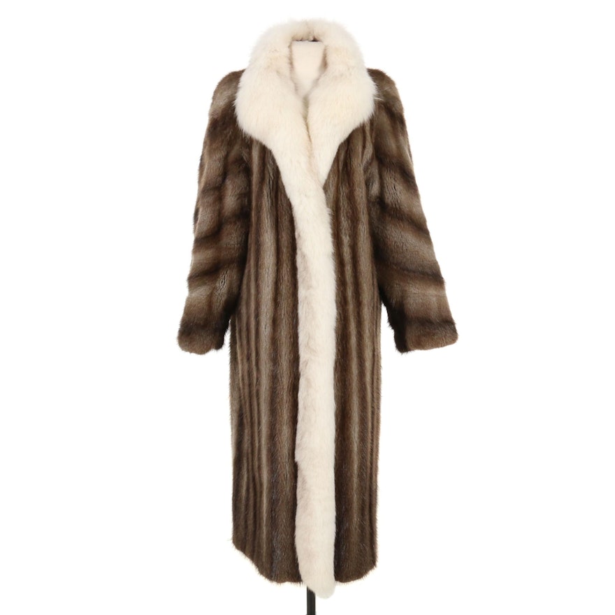 Fully Let-Out Muskrat Fur Coat with Fox Fur Tuxedo Collar