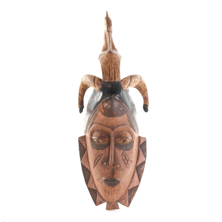 Guro Carved Wood Mask with Bird and Buffalo Horn Motif Crest