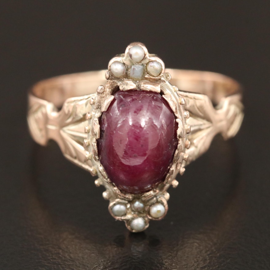 Victorian 8K Ruby and Seed Pearl Ring
