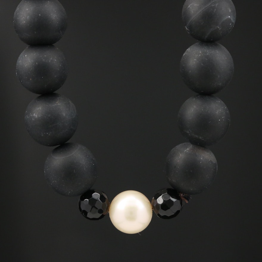 Cultured Pearl and Beaded Black Onyx Necklace with 14K Clasp