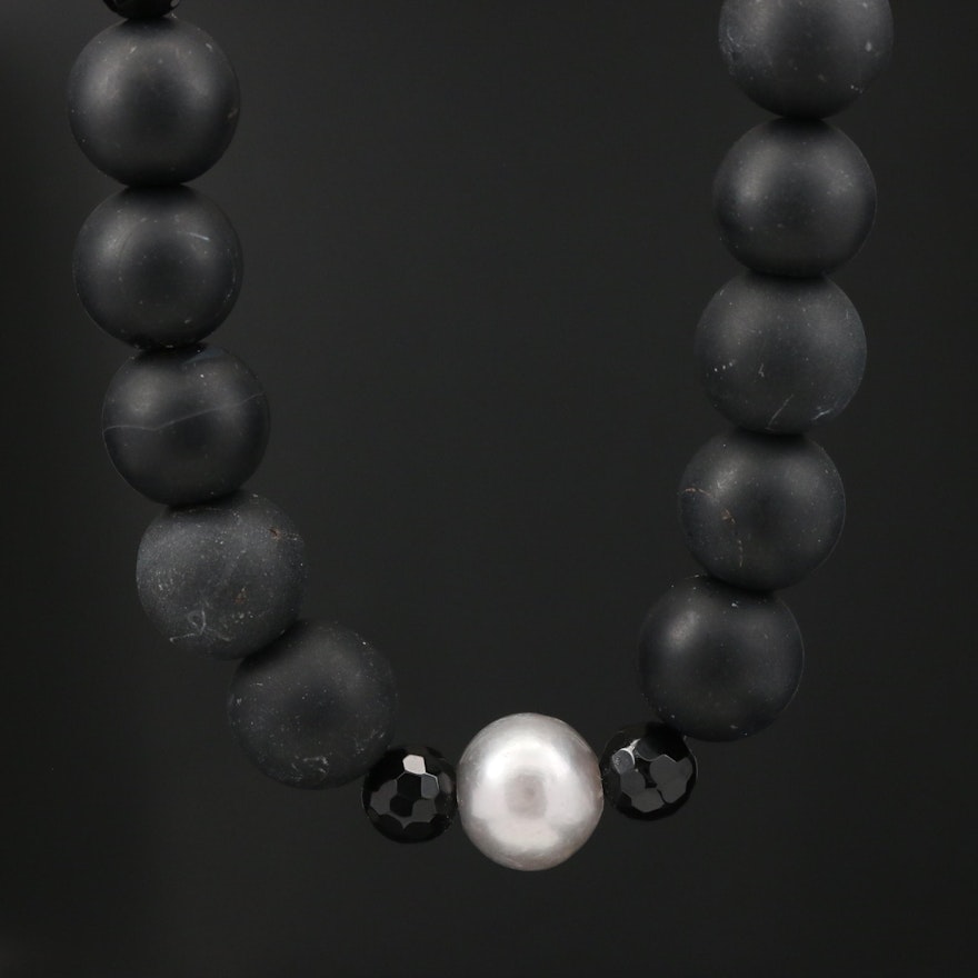 Beaded Black Onyx and Cultured Pearl Necklace with 14K Clasp